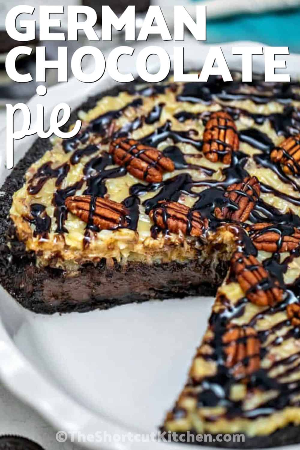 Make German chocolate pie with a buttery Oreo crumb crust, smooth chocolate filling, sweetened coconut flakes, and crunchy pecans. This easy German Chocolate Pie Recipe has all the flavor of German chocolate cake in a creamy pie, with simple stovetop steps and a chilled finish that makes it great for parties. Pin this dessert to make soon. #theshortcutkitchen German Chocolate Pie with a slice taken out with a title