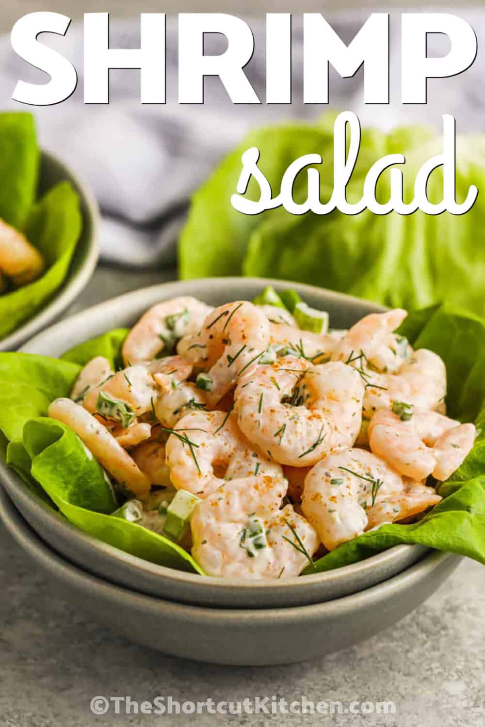 Make this easy shrimp salad with cooked shrimp, celery, dill, green onion, and a creamy lemon Old Bay dressing. It is a cold shrimp salad recipe that works beautifully for lunch, brunch, lettuce cups, sandwiches, or a simple appetizer. Using pre-cooked shrimp keeps the prep fast, while chilling the salad helps the flavors blend into a fresh seafood favorite. Pin this shrimp salad to make soon. #theshortcutkitchen bowl of Shrimp Salad with a title