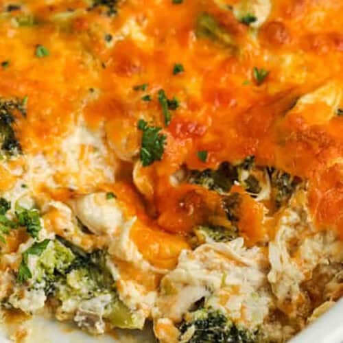 Close-up of baked pasta with cheese, vegetables, and herbs from The Shortcut Kitchen.