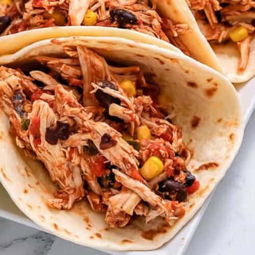 close up of Crockpot Shredded Chicken Tacos