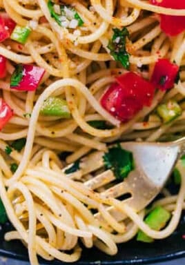 close up of Spaghetti Salad with a fork