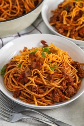 plated cheesy Cowboy Spaghetti