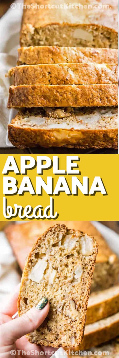 Turn ripe bananas and one fresh apple into this moist apple banana bread recipe. The easy quick bread batter is made with mashed banana, Greek yogurt, brown sugar, chopped Cortland apple, and crunchy walnuts for plenty of flavor and texture. It is a cozy homemade loaf with just 10 minutes of prep and no complicated baking techniques. Make it for breakfast, brunch, or an easy snack. Pin this banana bread with apples to bake later. #theshortcutkitchen Apple Banana Bread on a plate and close up of a slice with a title