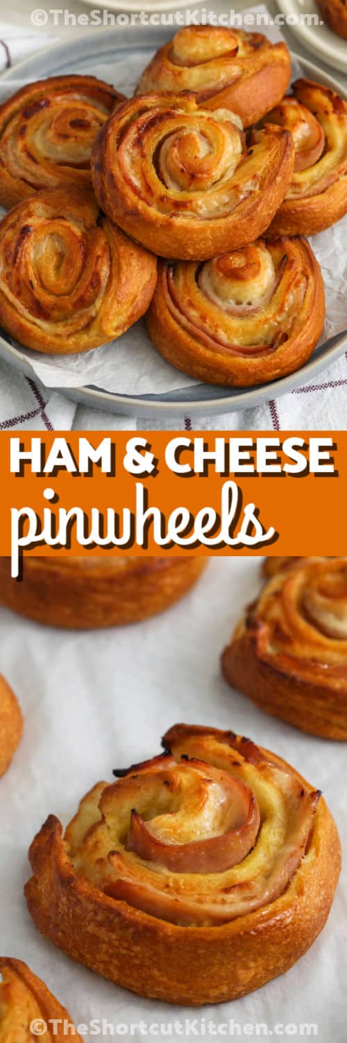 Ham and cheese pinwheels are an easy appetizer made with crescent dough, savory ham, Swiss cheese, and honey mustard. Each bite bakes up golden and melty, making these pinwheels perfect for parties, game day, lunch, or an afternoon snack. Garlic butter adds even more flavor to this simple recipe. Serve them warm and watch them disappear from the plate. Try these easy ham and cheese pinwheels today. #theshortcutkitchen top image: ham and cheese pinwheels on a plate with a title bottom image: closeup of ham and cheese pinwheels on a tray with parchment