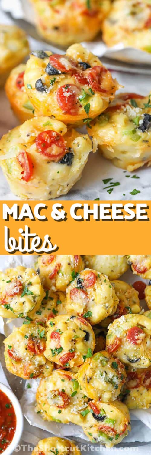 Mac and Cheese Pizza Bites on a plate and close up of a stack of bites with a title
