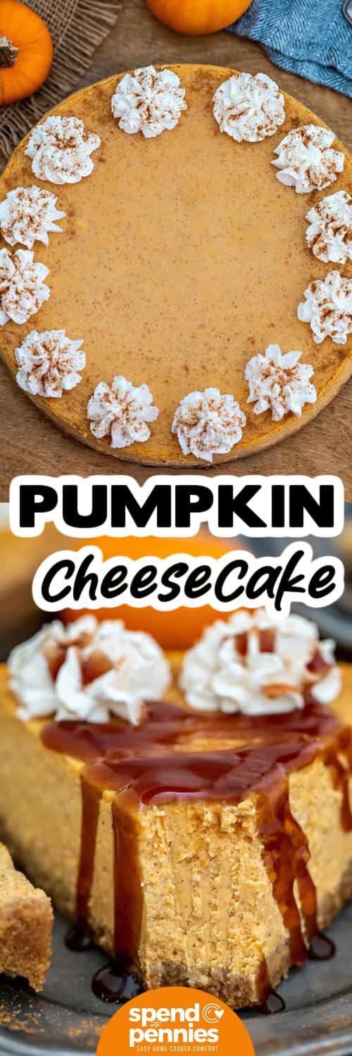Pumpkin pie cheesecake turns classic fall flavors into a rich make-ahead dessert. Cream cheese, pumpkin pie filling, sour cream, and pumpkin spice create a smooth cheesecake filling, while graham cracker crumbs make an easy buttery crust. Bake it gently in a water bath, chill until firm, then finish with whipped cream and caramel. Save this creamy pumpkin cheesecake for your next fall gathering. #theshortcutkitchen Pumpkin Pie Cheesecake with whipped cream and close up of a slice on a plate with a title