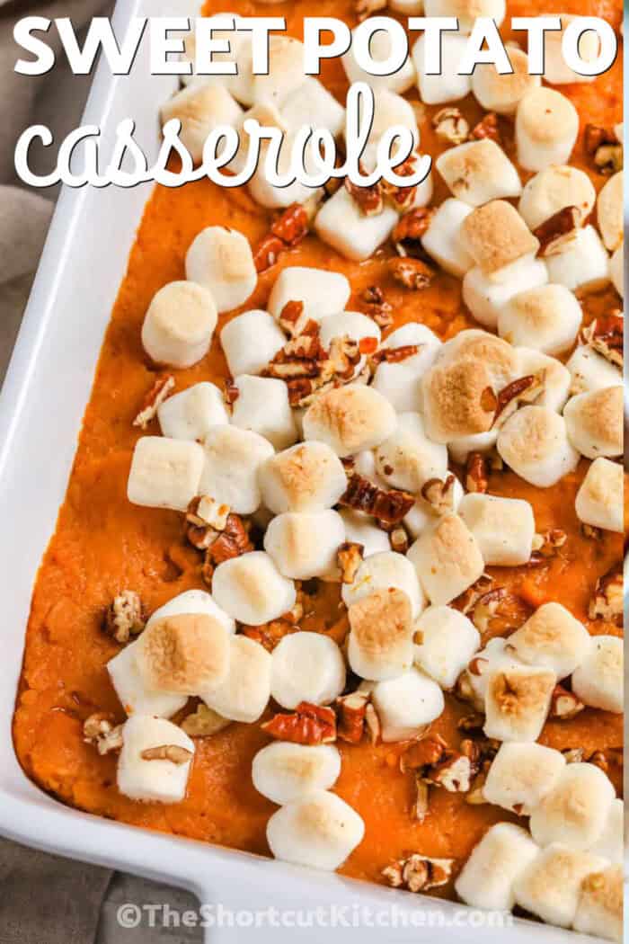 dish of Canned Sweet Potato Casserole with writing.