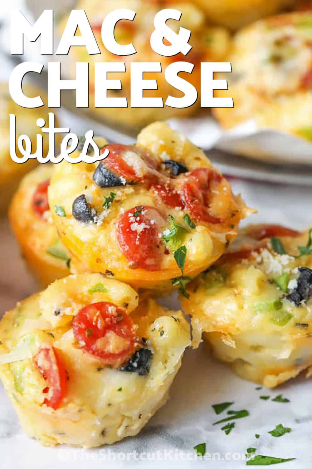 close up of Mac and Cheese Pizza Bites with a title