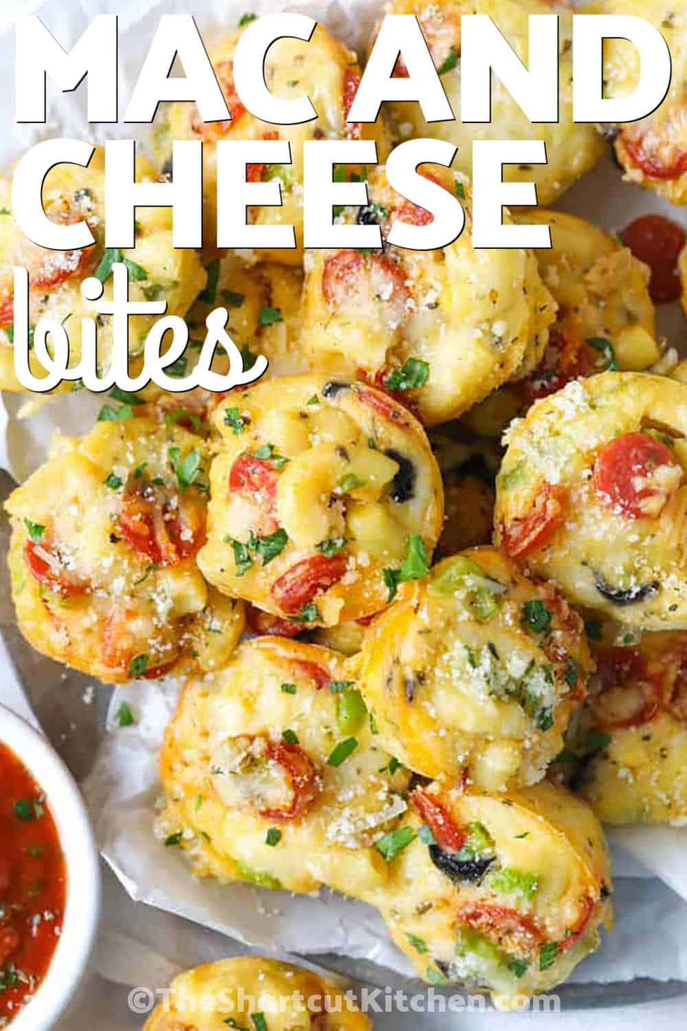 plated Mac and Cheese Pizza Bites with a title