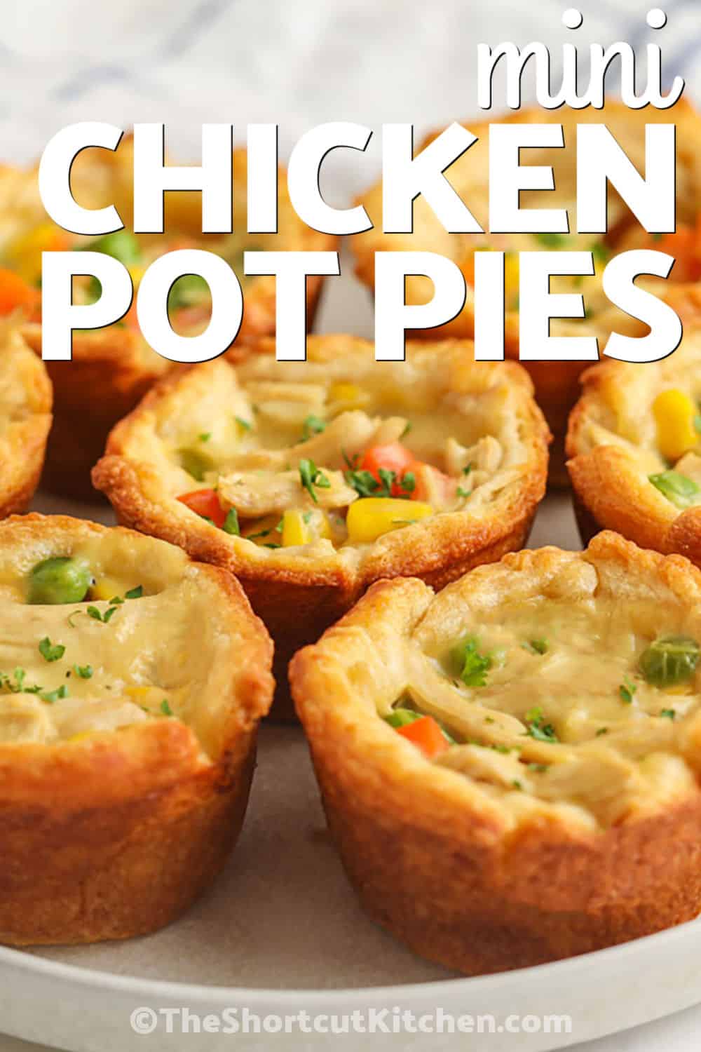 plated Mini Chicken Pot Pies with writing
