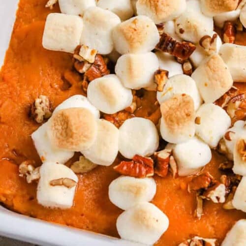 close up of comforting Canned Sweet Potato Casserole.