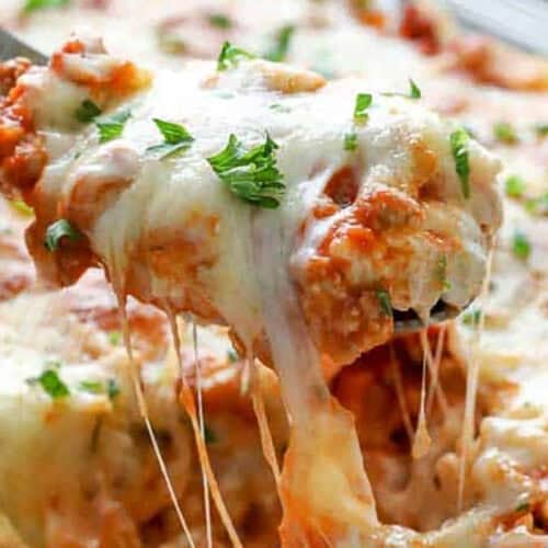 close up of cheesy Sour Cream Noodle Bake