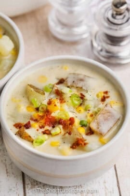 bowls of Easy Potato Corn Chowder with bacon.