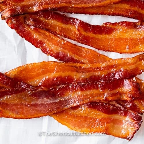 closeup of cooked brown sugar bacon.