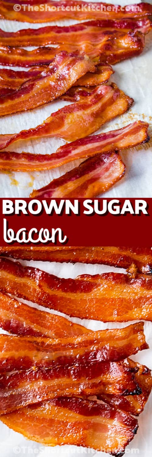 For a delicious breakfast treat, brown sugar bacon is hard to beat. The simple combination of bacon and brown sugar creates a sweet, savory, caramelized coating that makes every slice extra delicious. Serve this easy candied bacon alongside eggs, pancakes, waffles, or French toast. It is also a wonderful choice for brunch or a special holiday breakfast. When you want to dress up classic bacon, this simple recipe is worth trying. Add it to your menu today. #theshortcutkitchen top image: cooked brown sugar bacon with a title bottom image: closeup of cooked brown sugar bacon.