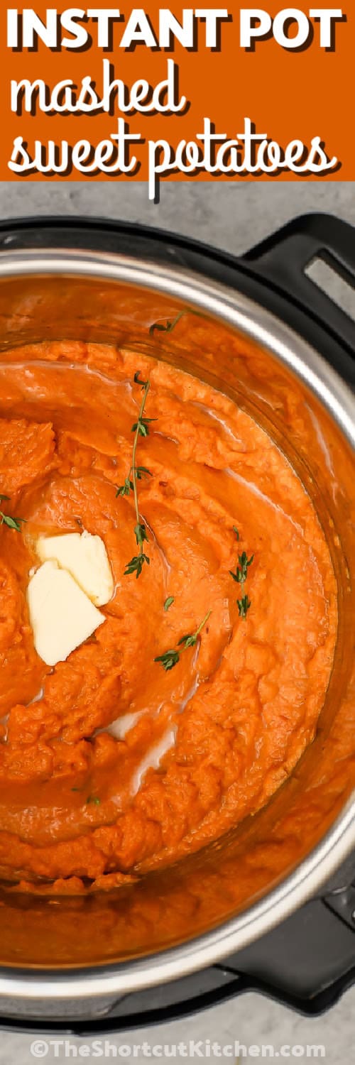 These Instant Pot mashed sweet potatoes make holiday and weeknight cooking easier. Sweet potato chunks pressure cook until fork tender, then butter and warm cream turn them rich, smooth, and creamy. The cinnamon is optional, making it easy to customize this mashed sweet potatoes recipe for sweet or savory meals. Best of all, the stovetop stays free for the rest of dinner. Pin this easy side dish for later! #theshortcutkitchen Instant Pot Mashed Sweet Potatoes with writing.