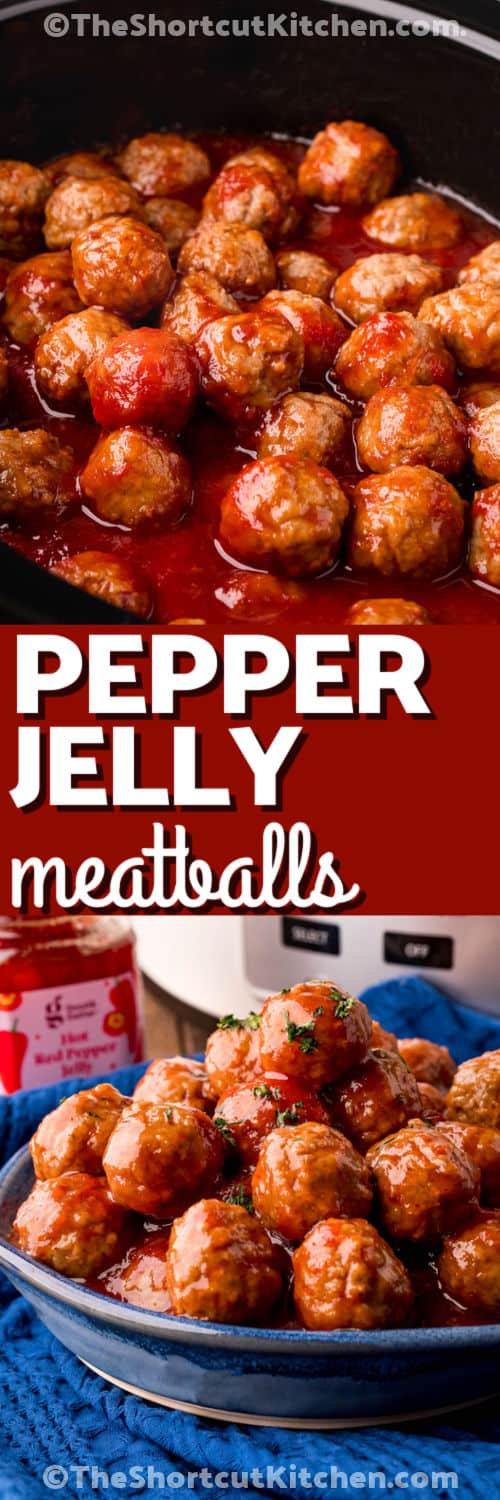 Make pepper jelly meatballs for an easy appetizer that delivers big flavor with little effort. Frozen meatballs simmer in a sweet and spicy sauce made with raspberry jam, chili sauce, and hot pepper jelly. The result is a tasty bite with just the right mix of fruity, tangy, and spicy flavors. They are great for parties, potlucks, and holiday gatherings. Put these easy crockpot meatballs on your menu and give them a try. #theshortcutkitchen Pepper Jelly Meatballs in the slow cooker and plated with a title.