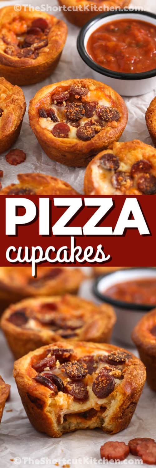 For pizza cupcakes that everyone will love, fill flaky crescent roll dough with sauce, cheese, and pepperoni. The muffin tin gives each one a fun shape while the edges bake golden and the center stays packed with cheesy pizza flavor. Serve them warm as an appetizer, snack, or simple family meal. You can also switch up the toppings to suit every craving. Make a batch of these easy pizza cupcakes today. #theshortcutkitchen Pizza Cupcakes with marinara and bottom photo of one with a bite taken out with a title.