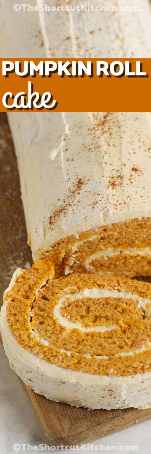 This easy pumpkin roll cake is soft, creamy, and filled with cozy pumpkin spice flavor. Canned pumpkin and yellow cake mix make the cake simple to prepare, while cream cheese and whipped topping create a fluffy filling. Roll the warm cake in a powdered sugar towel, cool, fill, and chill for beautiful slices. Add this cake mix pumpkin roll to your Thanksgiving dessert menu and save the recipe today. #theshortcutkitchen sliced Pumpkin Roll Cake with title.