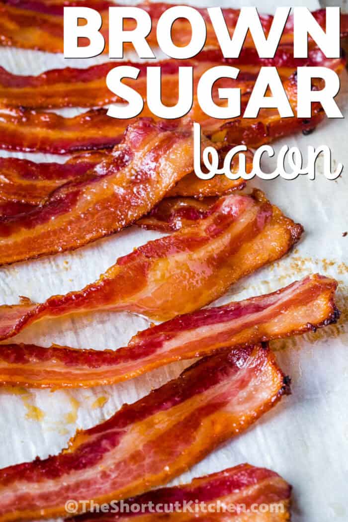 brown sugar bacon cooked on paper towels with a title.