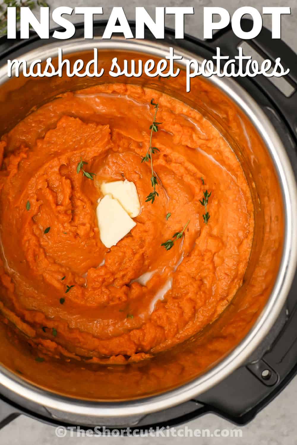 Make creamy Instant Pot mashed sweet potatoes without watching a pot of boiling water. Fresh sweet potatoes cook quickly under pressure before being mashed with butter and warm milk for a smooth, velvety texture. Use apple juice instead of water for a slightly sweeter flavor and add cinnamon if desired. This easy sweet potato side dish is perfect with chicken, pork, turkey, or meatloaf. Save this recipe for dinner! #theshortcutkitchen pot of Instant Pot Mashed Sweet Potatoes with a title.