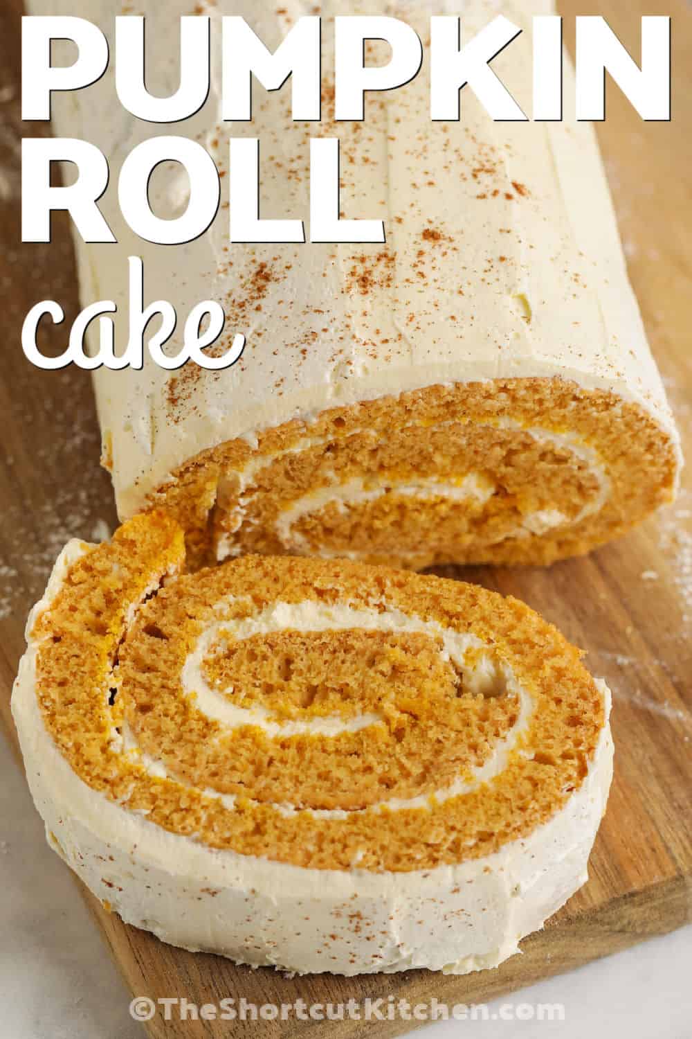 Pumpkin roll cake turns a few shortcut ingredients into a gorgeous fall dessert. Start with yellow cake mix, canned pumpkin, and pumpkin pie spice, bake the batter in a jelly-roll pan, then roll the warm cake so it holds its spiral. A fluffy cream cheese filling finishes every slice. This easy pumpkin roll recipe is ideal for making ahead for fall entertaining. Save it for Thanksgiving dessert. #theshortcutkitchen moist Pumpkin Roll Cake with a title.