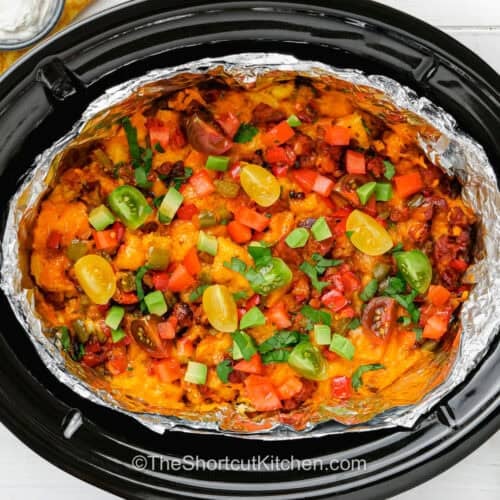 slow cooker breakfast strata casserole in slow cooker.