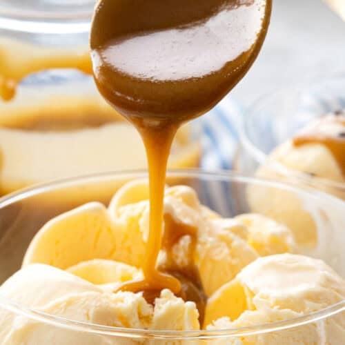 close up of Easy Caramel Sauce on ice cream.