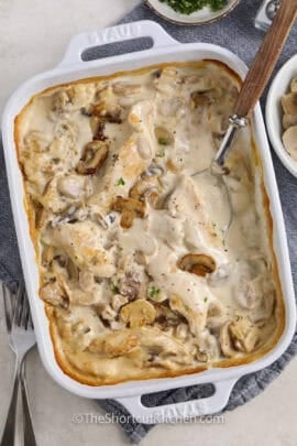 Creamy Chicken Mushroom Casserole in the dish.