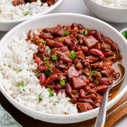 bowl of Easy Red Beans and Rice with a spoon.