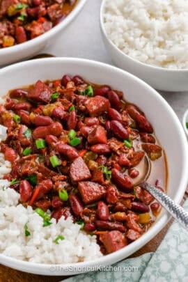 close up of Easy Red Beans and Rice in a bowl.