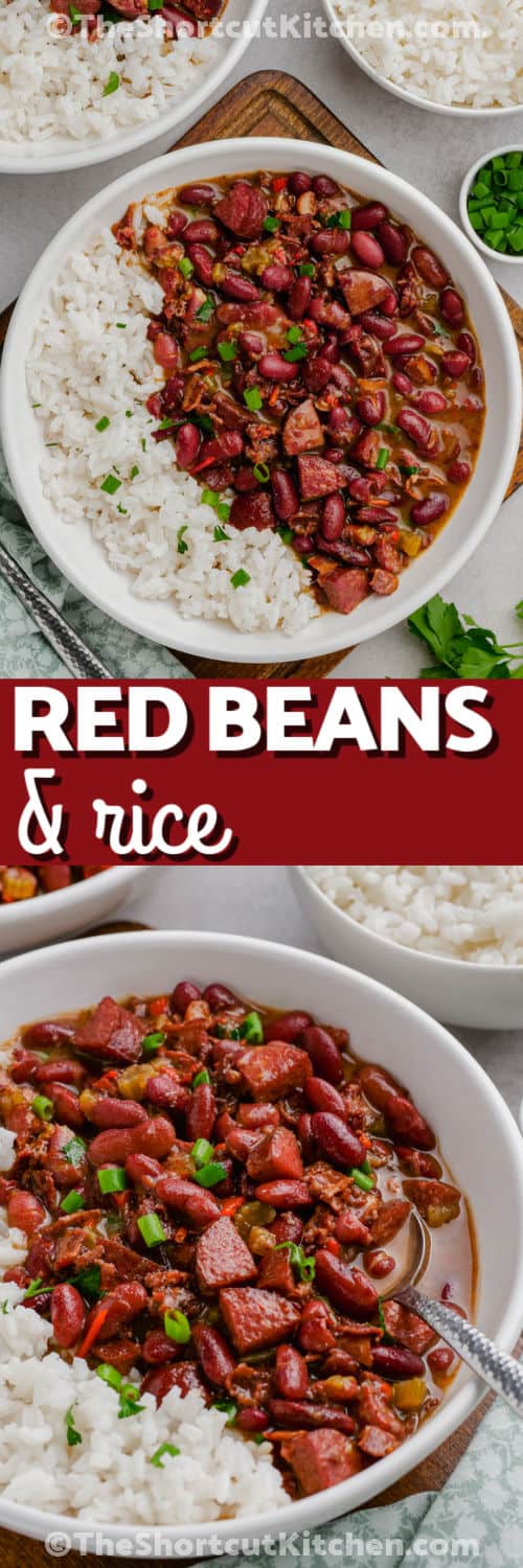 A big pot of easy red beans and rice makes comfort food simple. Dried kidney beans simmer with andouille sausage, smoky bacon, peppers, celery, bay leaves, thyme, cayenne, and chicken broth before being served over warm white rice. This stovetop red beans and rice with sausage recipe is hearty, flavorful, budget-friendly, and great for leftovers. Pin it now for an easy family dinner. #theshortcutkitchen Easy Red Beans and Rice in the bowl and close up photo in a bowl with a spoon with a title.