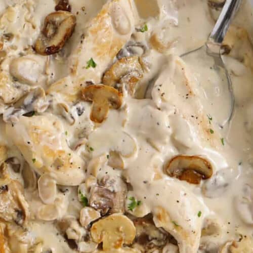 close up of creamy Creamy Chicken Mushroom Casserole in the dish.