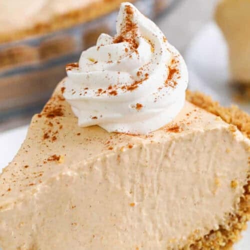 close up of a slice of No Bake Pumpkin Pie.